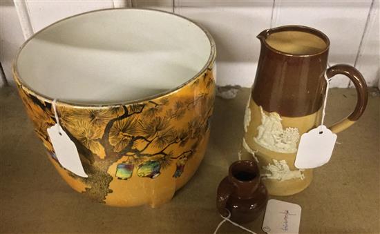 Royal Staffordshire Wilkinson lustre jardiniere, Chinese lantern decoration, Doulton stoneware hunting jug & a miniature jug(-)